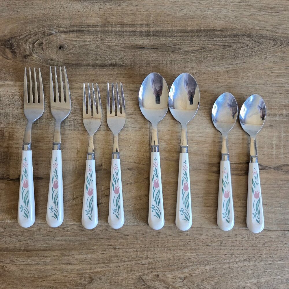 Vintage Corelle Rosemarie cutlery salad serving set with plastic handles.